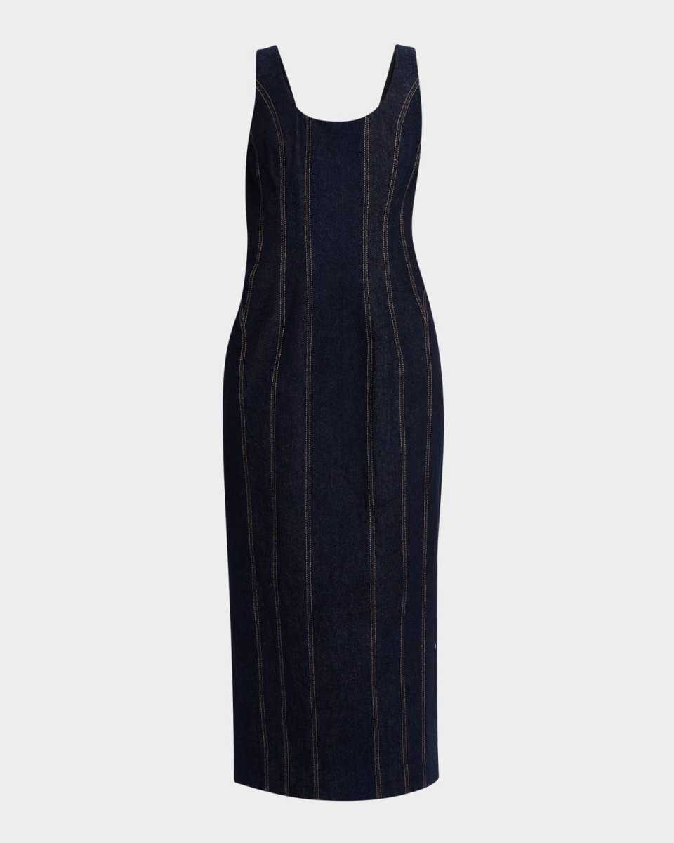 Hallie Sleeveless Topstitched Denim Midi Dress